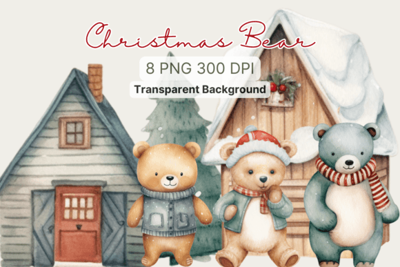 Christmas Bear Clipart Watercolor Winter Illustrations