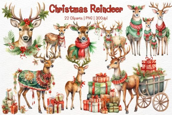 Christmas Reindeer Watercolor Clipart for Illustrations