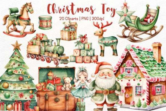 Christmas Wooden Toy Watercolor Clipart Illustrations