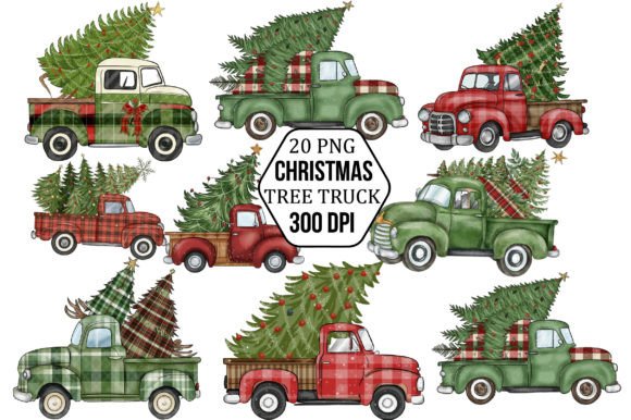Plaid Christmas Tree Truck Sublimation Illustrations