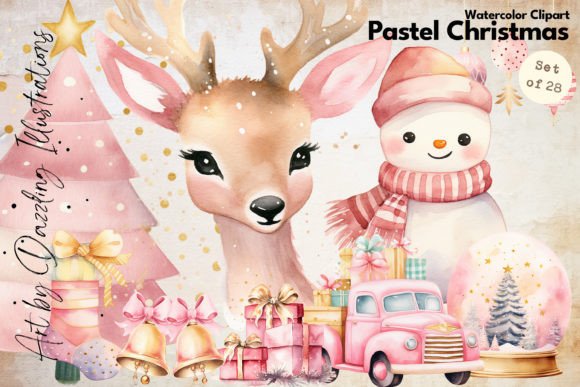 Vintage Pink Pastel Watercolor Christmas Illustrations