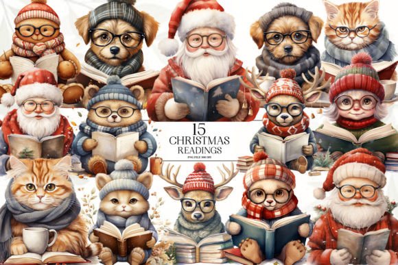 Watercolor Christmas Readings Clipart: Editorial Illustrations