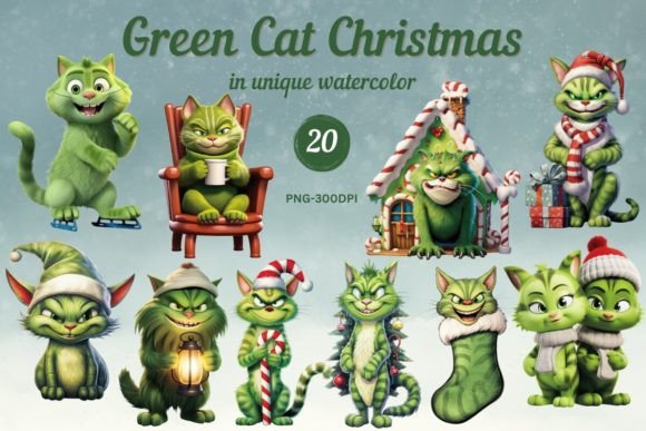 Watercolor Green Cat Christmas Clipart Illustrations