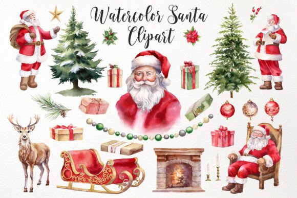 Watercolor Santa PNG: Festive Illustrations