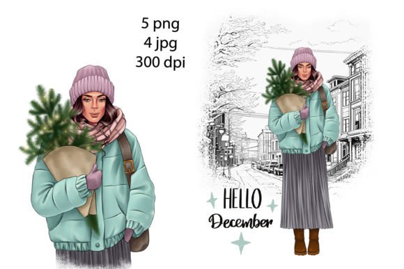 Winter Girl with Christmas Tree Clipart & Illustrations